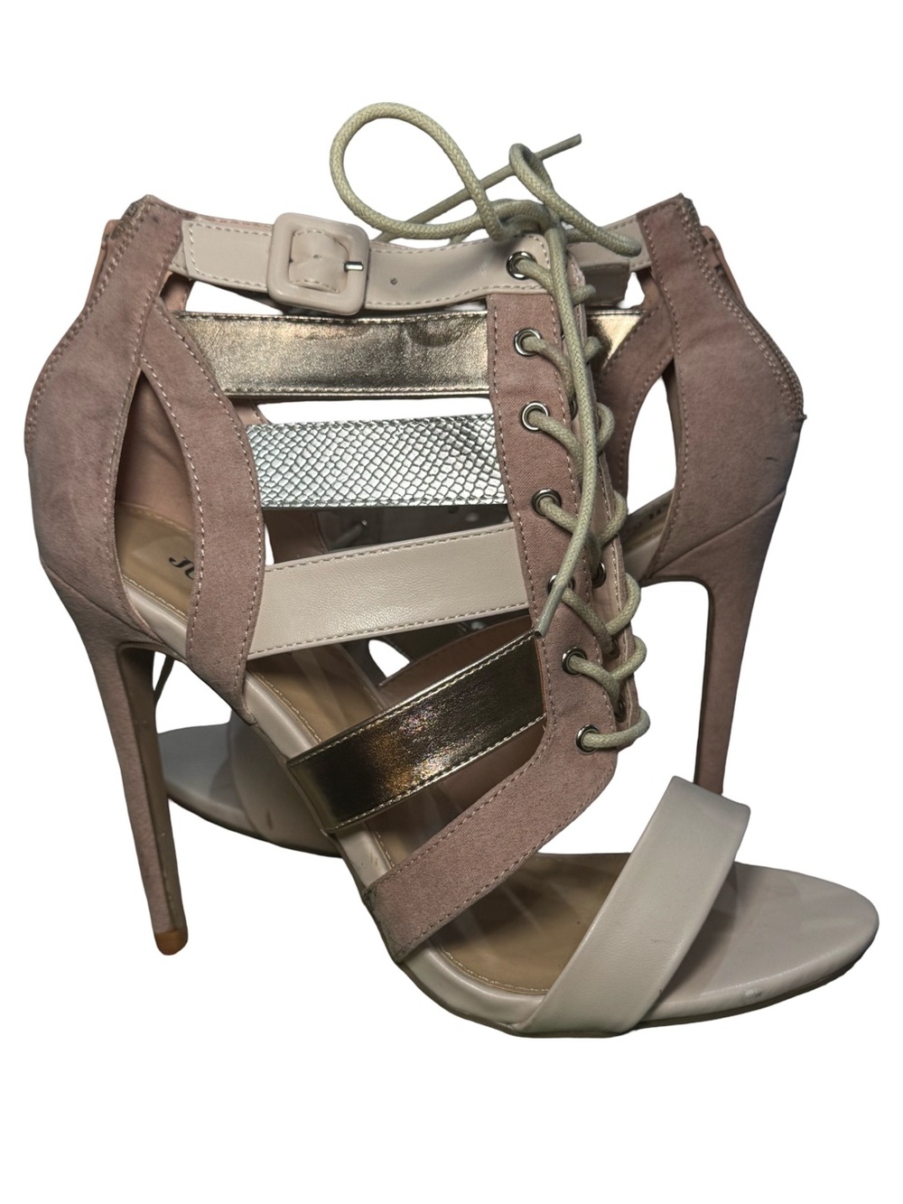 🪩🩰 Women's Strappy Lace-Up High Heel Stilleto Sandals in Blush and Metallic 🩰🪩